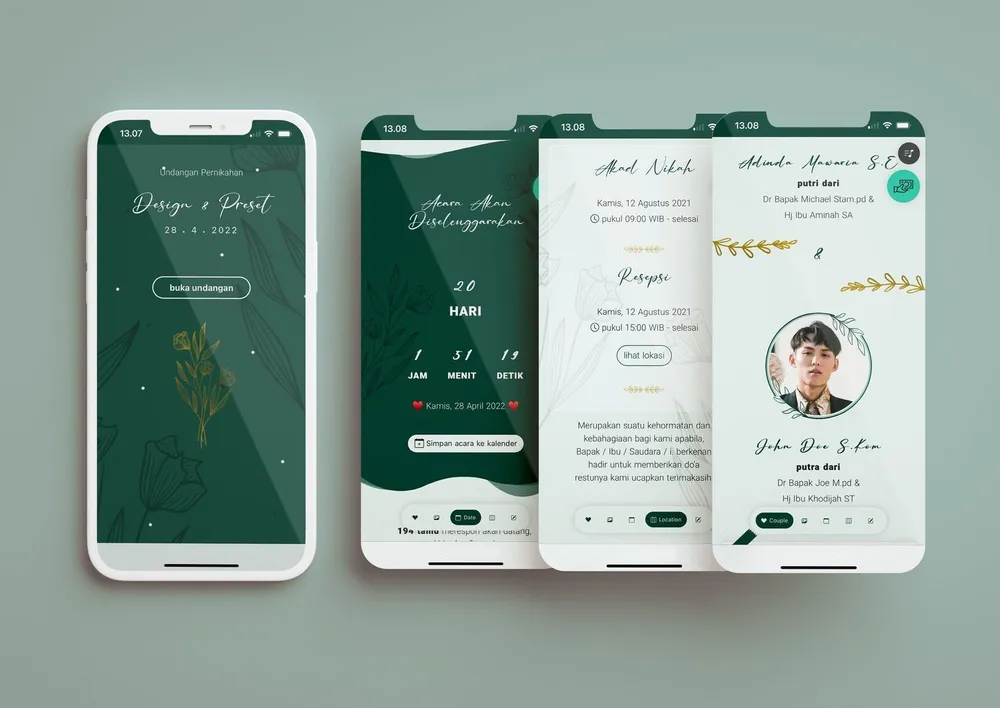 Tampilan desain undangan Beautifull Green di beberapa layar ponsel