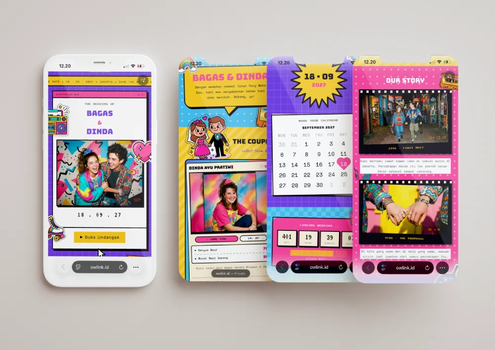Tampilan desain undangan Retro 90s Colorful di beberapa layar ponsel