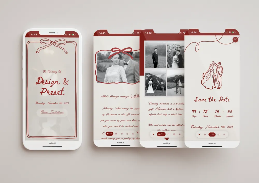 Tampilan desain undangan Vintager di beberapa layar ponsel