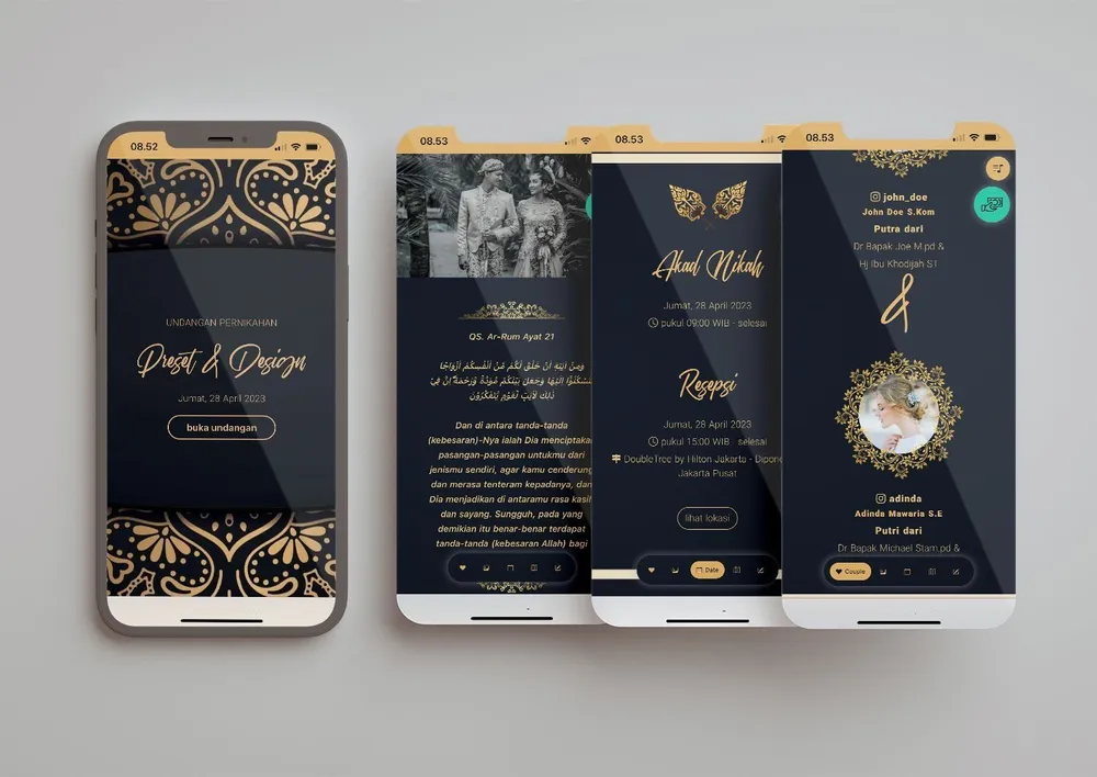 Tampilan desain undangan Gold Batik di beberapa layar ponsel