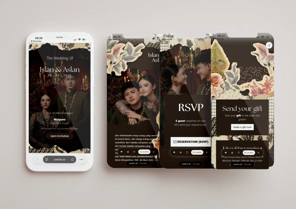 Tampilan desain undangan Dreamy Javanese di beberapa layar ponsel
