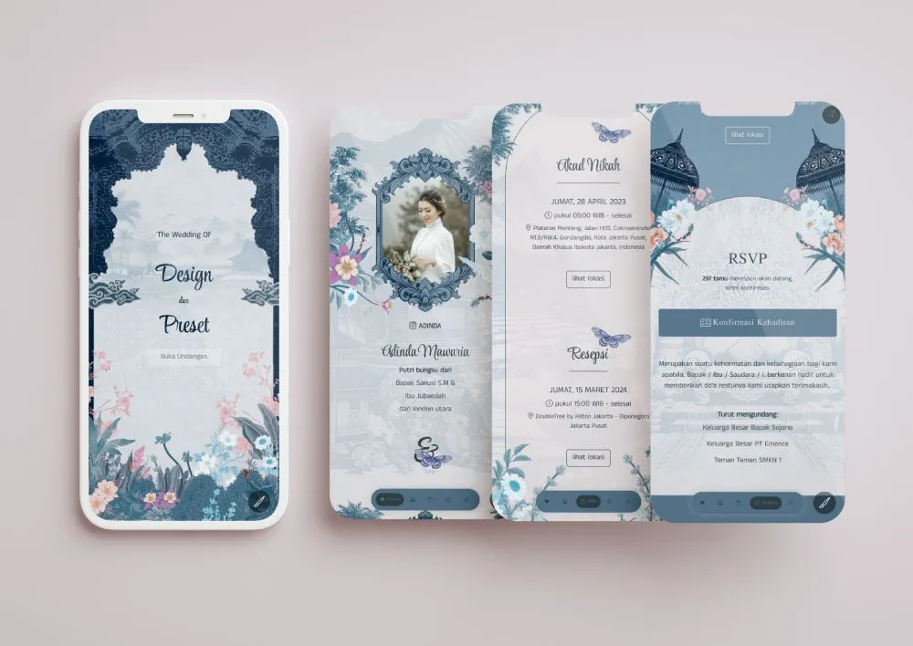 Tampilan desain undangan Traditional Blu Sundanese di beberapa layar ponsel