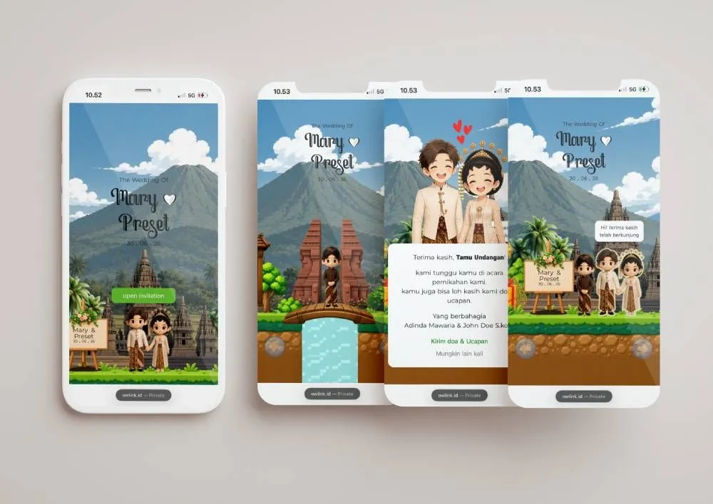Tampilan desain undangan Javanese Game di beberapa layar ponsel