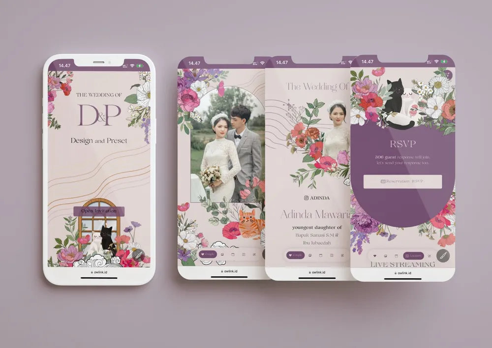 Tampilan desain undangan Whimsical Colorful di beberapa layar ponsel