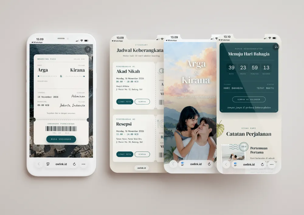 Tampilan desain undangan Boarding Pass di beberapa layar ponsel