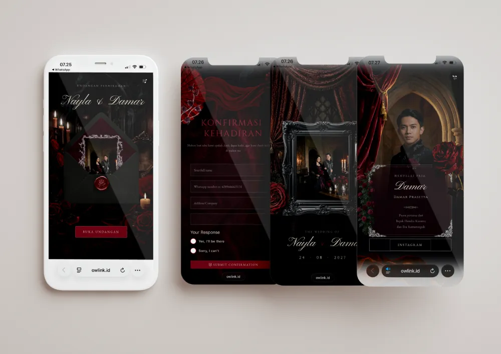Tampilan desain undangan Romantic Gothic di beberapa layar ponsel