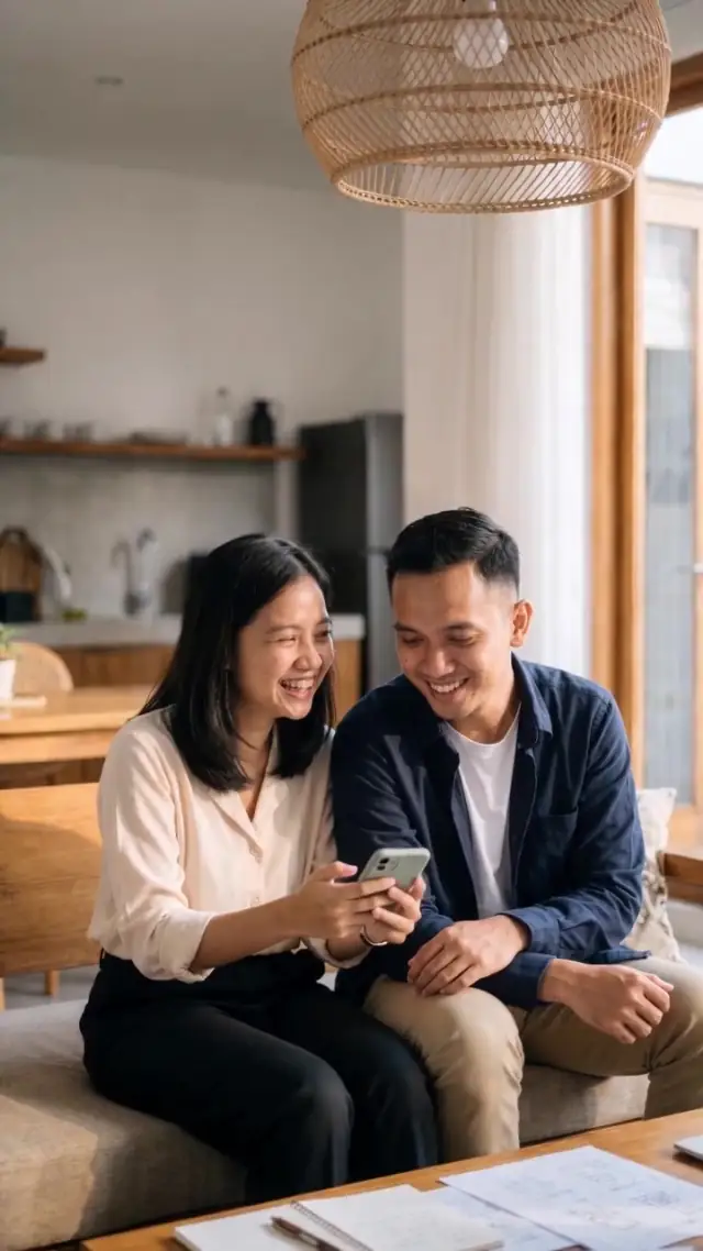 Pasangan duduk berdua di sofa, tersenyum melihat undangan di layar ponsel.